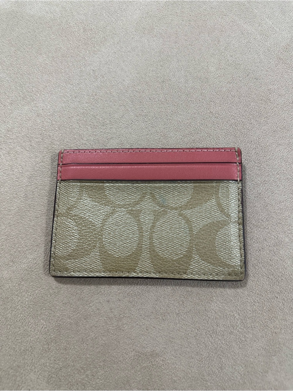 Coach Khaki Signature Canvas Card Case with Coral Trim